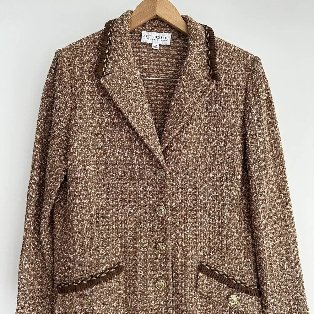 St John Tweed Blazer Jacket 12 Brown Textured Knit Gold Button Fringe Jacket - Picture 2 of 11